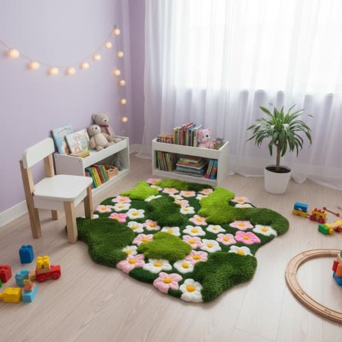 Moss Rug for Nursery, 3D Daisy Flower Rug, Handmade Tufted Meadow Carpet, Irregular Green Playmat, Kids Room Decor