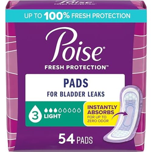 Poise Incontinence & Postpartum Pads for Bladder Leaks, 3 Drop Light Absorbency, Regular Length, 54 Count, Packaging May Vary