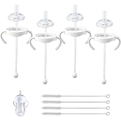 Straw Cup Conversion Kit for Philips Avent Natural Baby Bottles, Weighted Straw Transition Set with Soft Silicone Straw Top, Bottle Handles & Cleaning Brushes, 4 Pack, 8m+