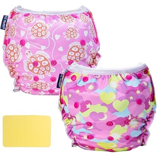 EZ Moms Baby Swim Diapers Reusable 2Pcs Snap One Size Adjustable Washable Newborn Infant Swim Diaper with a Shammy Towel for Baby Girl Water Diaper Waterproof Swimming Diapers for Swimming Lessons