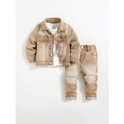 SHEIN Toddler/Baby Boy 2pcs/Set Distressed Casual Khaki Denim Lapel Long Sleeve Jacket & Cuffed High Stretch Skinny Jeans Set,Leisure And Versatile For Baby Streetwear Outfits | SHEIN USA