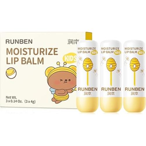 RUNBEN 3 Pack Kids Lip Balm Set Moisturize Baby Lip Balm Toddler Chapped Lips, 24H Deep Moisturizing, Non-toxic & Safe Lips Care