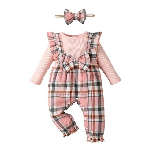 Newborn Infant Baby Girl Clothes Fall Winter Plaid Long Sleeve Jumpsuit One Piece Romper Bodysuit Baby Overalls Outfits