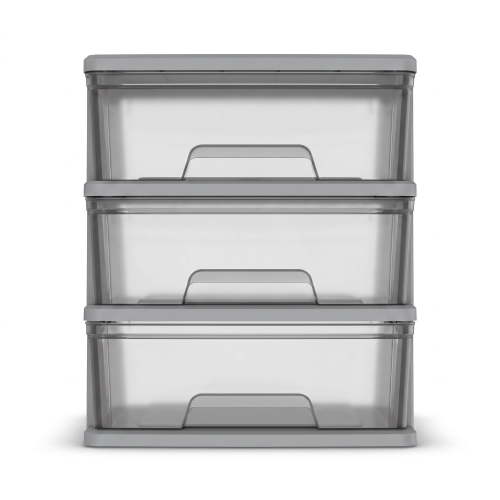 Starplast 3-Drawer Organization Tower Wide Storage Cart, Silver Plastic