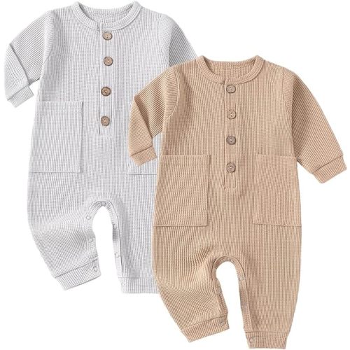 Yookoom Baby Boys Girls 2 Pack Solid Romper Ribbed Long Sleeve One-Piece Knit Cotton Jumpsuit Outfits Clothes