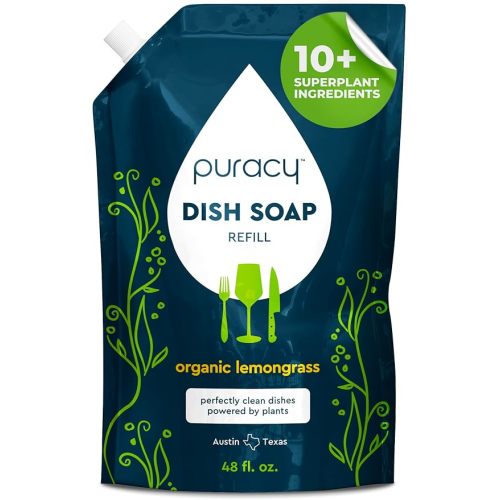 Puracy Natural Dish Soap Refill - Skin-Softening Plant-Based Liquid Dishwashing Detergent Soap, Clean-Rinsing Water-Sheeting Formula (Organic Lemongrass, 48 fl oz)