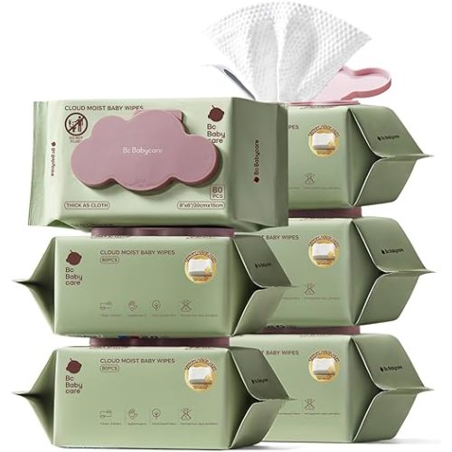 Bc Babycare Cloud Moist Baby Wipes, Thick & XL, 99% Water, Ultra-Hydrating, Unscented, Hypoallergenic for Sensitive Skin, Biodegradable, 6 Flip-Top, 480 Count