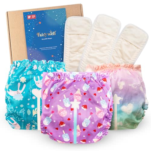 Reusable Cloth Diapers with Wetness Indicator, Swim Diaper, 3 Pack Waterproof Skin Friendly Covers&Insert One Size Adjustable Washable Diapers for Newborns, Baby (11-33 pounds, 0-3 Years)