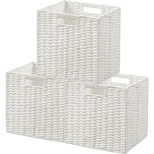 UBBCARE 3 Pack Wicker Basket, 11L×11H×10.5W inch Woven Paper Rope Storage Baskets for Shelves, Foldable Cube Storage bin with Handle, Storage Basket for Organizing & Decor, White