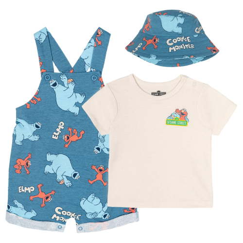 Sesame Street Baby Boys' 3-Piece Shortall, T-Shirt and Bucket Hat Outfit Set Teal Elmo and Cookie Monster