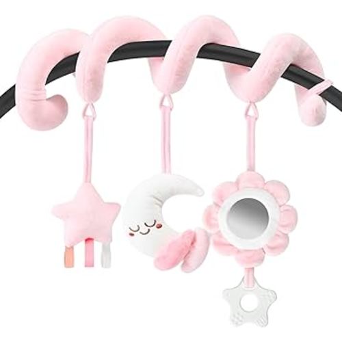 Spiral Car Seat & Stroller Activity Toy, Crib Hanging Rattles Toys for Ages 0-12 Months, Mirror, Textured Ribbons, Squeaky Carseat Stroller Toys, Newborn Baby Girl Gifts