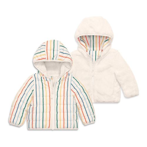 Primary Baby Stripe Reversible Fleece Puffer Jacket in Oat Vertical Stripe Size 3-6