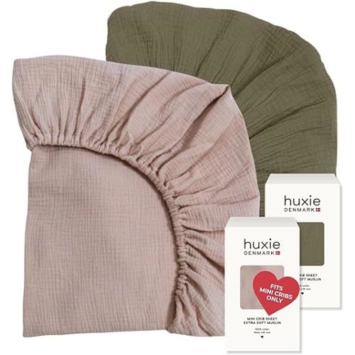 24 x 38 Mini Crib Sheets - Organic Cotton Muslin Fitted Crib Sheet Fitted for Pack and Play - Ultra-Soft and Breathable Crib Sheets for Boys and Girls (Blush/Sage Green)