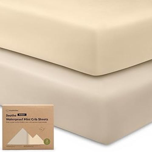 2-Pack Pack and Play Sheets, Waterproof Mini Crib Sheets Fitted - Organic Cotton Pack N Play Sheets for Graco Pack and Play Mattress, Playard Baby Crib Sheets, Neutral for Boy,Girl Toddler (Macadamia)