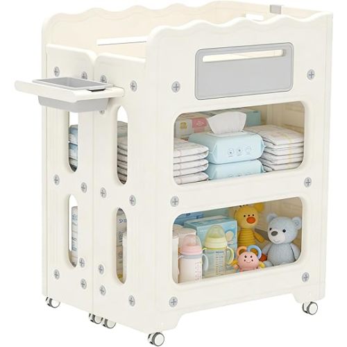 Baby Changing Table, with Lockable Wheels Foldable Portable Diaper Station, Waterproof Nursery Unit for Newborn Infant Essentials Storage Baskets & Cradle Travel-Friendly Easy-Clean Surface Compact