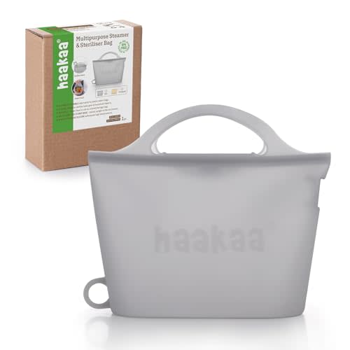Haakaa On-The-Go Silicone Microwave Steam Sterilizer Bags for Travel, 40oz/1250ml Reusable Silicone Steaming Bags for Baby Bottles, Breast Pump,Accessories,Pacifiers,Teethers,Grey/1PC