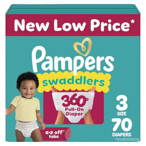 Pampers Diapers - Swaddlers 360° - Size 3, 70 Count, up to 100% Leakproof Comfy Dry Fit, Designed for Easy Changes, Pull On Baby Diaper (Packaging May Vary)