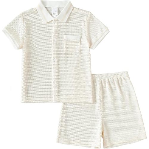 ROMPERINBOX Baby Boys Clothes Toddler Summer Outfits Waffle Knit Short Sleeve Button Down Shirt+Shorts 2Pcs for 12M-5T