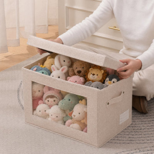 Rebrilliant 3/4 Pack Beige Collapsible Fabric Storage Bins with Lid & Clear Window, 15×10×10in Closet Organizer with Handles for Clothes Linens | Wayfair