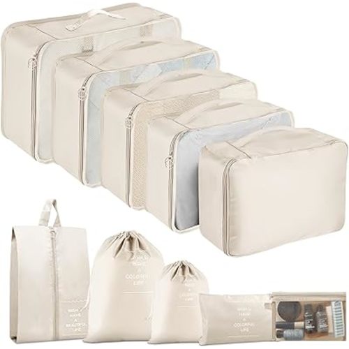 Packing Cubes for Travel- 8 Set Luggage Organizer Bags for Family, Mesh Breathable Travel Packing Cubes for Suitcases Durable Travel Essentials Bags Set (Beige, 10 Set)