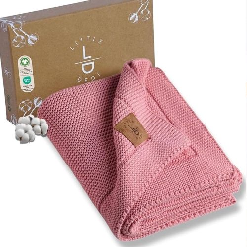 100% Organic Cotton Baby Knitted Blanket with Gift Box - Soft Toddler, Crib, Stroller Blanket - Neutral Swaddle and Receiving Blanket for Newborns, 30"x40", Pink