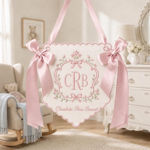 Personalized Embroidered Name Banner, Custom Monogram Nursery Bow Sign, Baby Girl Crib Banner, Heirloom Fabric Garland, Baby Shower Gift