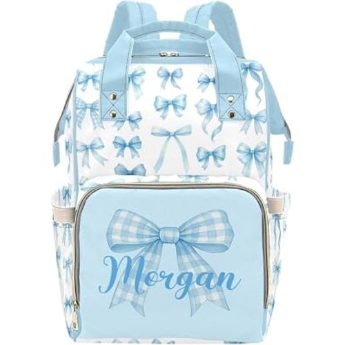 Personalized Blue Bow Diaper Backpack with Name, Custom Baby Bag for Mom and Dad, Waterproof Nursing Backpack, Gift for Baby Shower