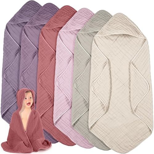 Peryiter 6 Pcs Muslin Hooded Baby Towels,32"x 32" Cotton Newborn Bath Towel Muslin Infant Baby Blankets Absorbent Unisex Newborn Registry Gift for Girls Boys (Brown Series)