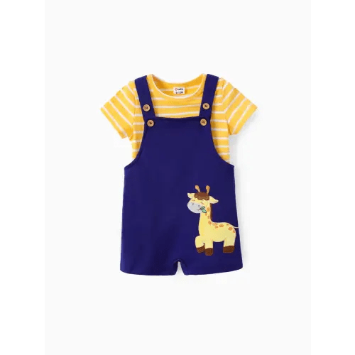Baby Boy 2pcs Stripe Pattern Tee and Lion Print Overalls Shorts Set
