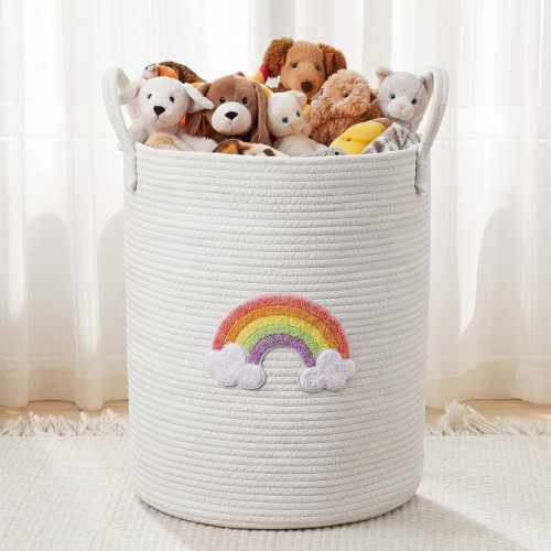 LemonRoad Macaron Heart Nursery Hamper Cotton Rope Basket | 60 L, 20.5 x 15 Inch, Woven Storage with Handles, Toys Blankets Clothes Organizer Bin, Bedroom Bathroom Laundry, Collapsible