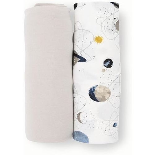 Little Unicorn Large Stretch Knit Swaddle Blanket 2 Pack| Super Soft with Optimal Stretch for swaddling | Giftable Set (Planets)