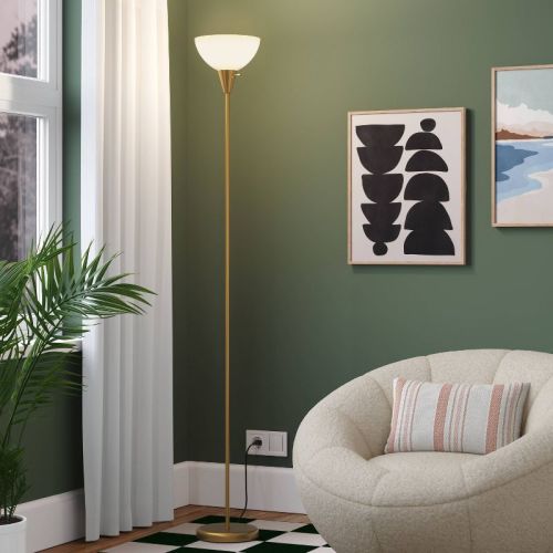 Torchiere Brass Floor Lamp - Room Essentials™: Modern Standing Light, Painted Metal with Plastic Shade