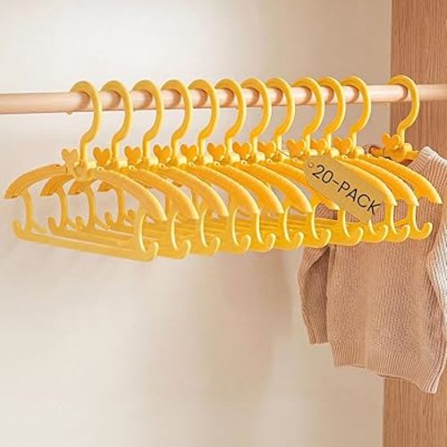 Damita Baby Hangers 11"-14" Adjustable Plastic Kids Hangers, Non-Slip Nursery Clothes Hanger with Small Butterfly Hooks, Sunny Yellow Childrens Hanger for Newborn to Toddler Closet Space Saving 20Pack