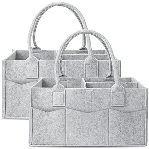 Cute Castle 2 Pack Diaper Caddy Organizer - Portable Baby Caddy Organizer with Handle, Nursery Storage Bin and Car Organizer for Girls, Boys - Baby Gift Basket - Grey, Large