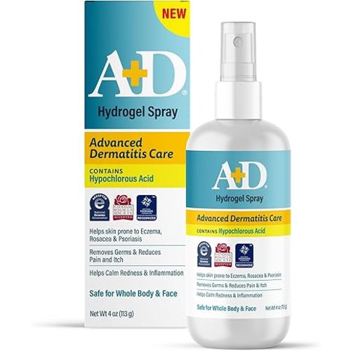 A+D Advanced Dermatitis Care Hydrogel Spray with Hypochlorous Acid 4 oz.– Cooling Antimicrobial Spray for Eczema, Psoriasis & Rosacea-Prone Skin, Reduces Itch, Redness & Inflammation