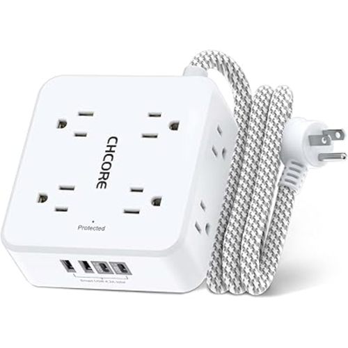 Surge Protector Power Strip - CHCORE 5Ft Braided Extension Cord with 8 Outlets with 4 USB (2 USB C) Charging Ports, Flat Plug Multi Plug Outlet Extender Charging Station for Home Office, ETL, White