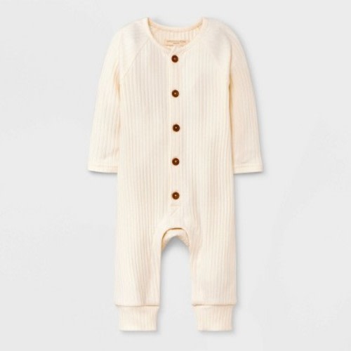 Grayson Collective Baby Ribbed Long Sleeve Jumpsuit - Cream, Size: 0-3M