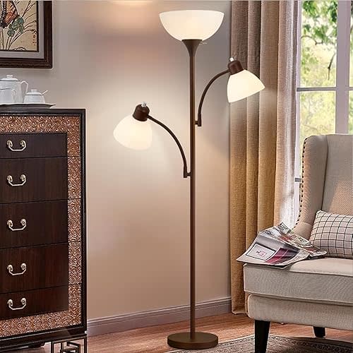 Luvkczc Floor Lamps for Living Room, 72" Tall Standing Lamp, Torchiere Lamp with 2 Reading Lamps, Industrial Bright Floor Lamp for Bedroom, Office, Dresser, Brown Lamps, 3 LED Bulbs Included
