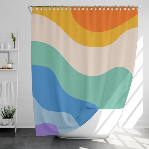 Rainbow Retro Style Shower Curtain with 12 Hooks, 100% Waterproof, Modern Bathroom Decor, Housewarming Gift