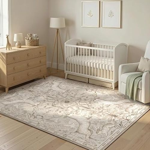 Lahome 5x7 Washable Area Rug for Living Room, Woodland Deer Boho Animal Rug, Vintage Botanical Beige Non-Slip Low Pile Large Carpet for Bedroom Dining Room Nursery Farmhouse Decor