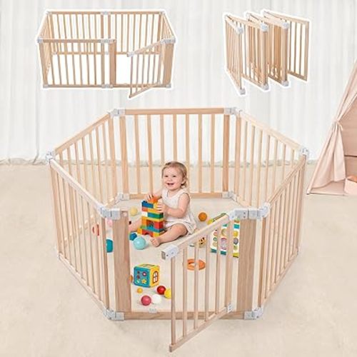 Foldable Wooden Playpen-51x51x25in-Large Baby Gate Playpen with Child-Proof Lock-Easy Assembly, Portable Design for Babies & Toddlers- Shape& Size Adjustable Baby Fence Play Area (Wood, 6 Panel)