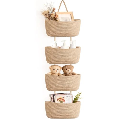 Dahey Over The Door Hanging Basket 4 Tier Woven Boho Wall Mounted Storage Organizer with Hooks for Bedroom Nursery Bathroom Apartments Dorm Pantry Decor