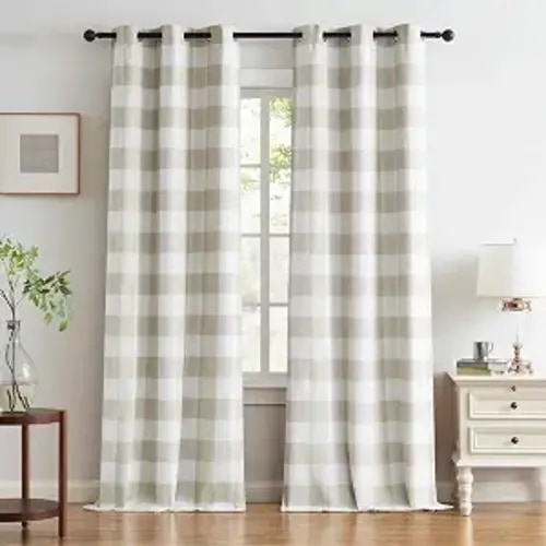 Buffalo Tan White Plaid Full Blackout Window Curtains 84 Inches Long | Checkered Grommet Panels Farmhouse Geo Energy Efficient Drapes Noise Reducing Thermal Window Treatment for Bedroom,40"x84"x2