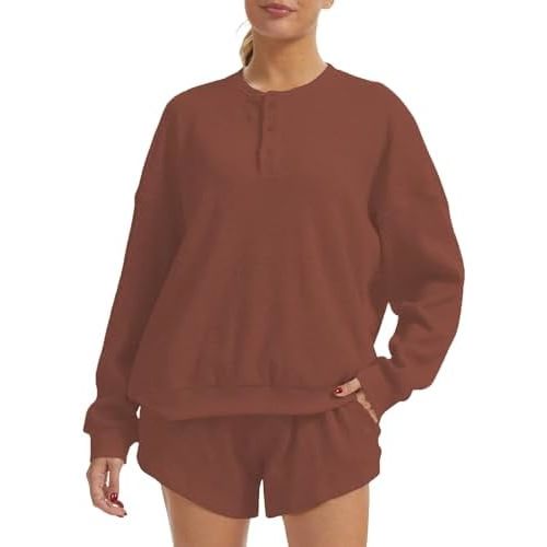 AnotherChill Women's Oversized Waffle Knit Lounge Set Long Sleeve Sweatshirt and High Waisted Shorts 2 Piece Casual Outfit