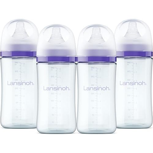 Lansinoh Anti-Colic Glass Baby Bottles, 8 Ounces, 4 Count Bottles for Feeding, Baby Essentials, Includes 4 Medium Flow Nipples, Size M