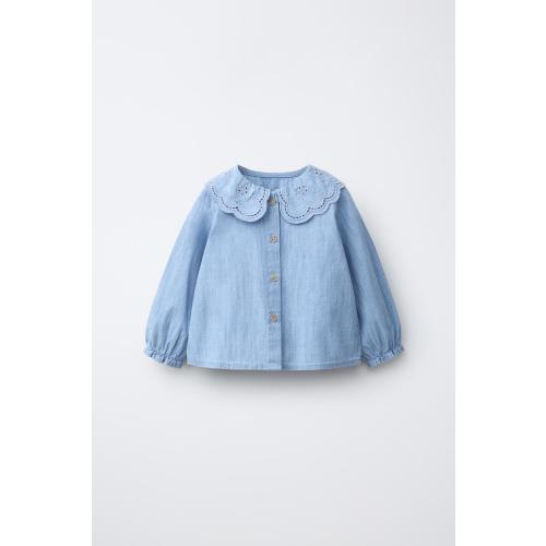 EMBROIDERED PETER PAN COLLAR SHIRT - Mid-blue | ZARA United States