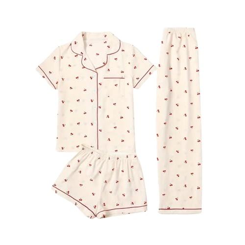 Verdusa Women's 3 Piece Cute Pajama Set Bow Button Down Shirts and Shorts Pants Lounge Pjs Set