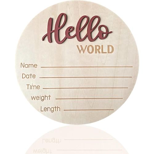 Baby Announcement Sign, 5.9 Inch Wooden Hello World Newborn Signs, Birth Announcement Sign, Baby Shower Hospital Nursery for Newborn Boys and Girls (Tea Red)