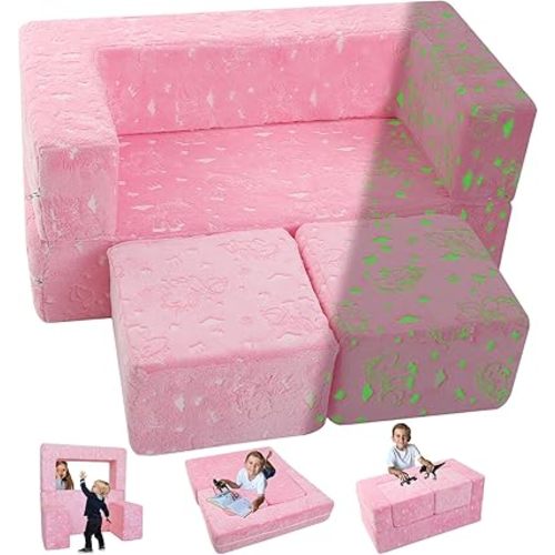 MeMoreCool Glow-in-The-Dark Unicorn Kids Modular Play Couch Sofa – Convertible Fold-Out Plush Foam Toddler Chair for Children’s Playroom