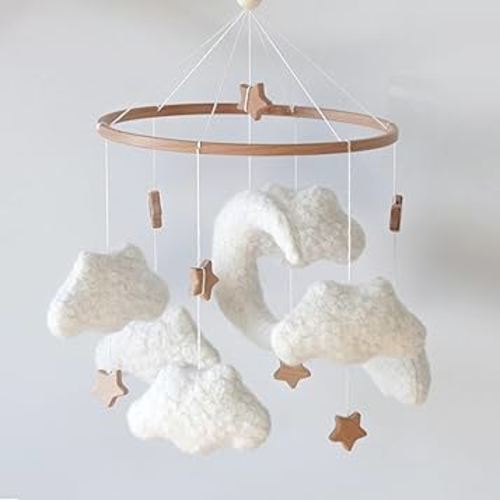 Cloud Mobile for Crib Neutral Baby Mobile for Crib Bassinet Boucle Cloud Baby Crib Mobile for Girls Boys Boho Nursery Mobiles with Wooden Stars